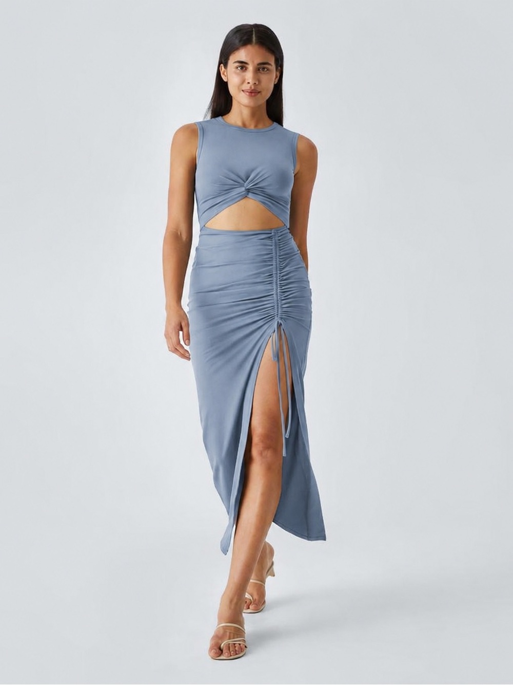 NWOT Halara Cut-Out Ruched Drawstring Hem Bodycon Maxi Dress - Powder Blue